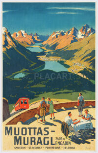 Originales Tourismusplakat Muottas Muragl Wilhelm Burger Engadin 1937