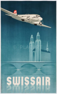 Original Antique Poster Brunner Swissair DC 3 Zurich Grossmunster 1937