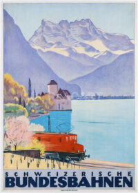 Plakat Original Cardinaux Schweizerische Bundesbahnen Genfersee Schloss Chillon 1928