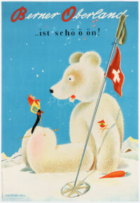 Original Swiss Antique Poster by Barberis Winter Bernese Oberland Bear 1944