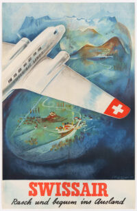 Originales Swissair Plakat Häfelfinger Rasch und bequem ins Ausland 1937