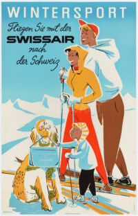 Original Vintage Travel Poster Fredy Pletscher Wintersport Mit der Swissair nach der Schweiz 1953