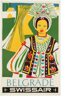 Original Vintage Swissair Poster Ott Belgrade Serbia 1951 linocut