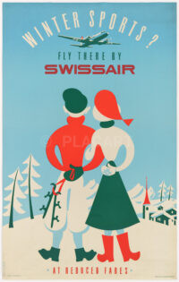 Winter Sports? Fly there by Swissair: Original Vintage Travel Poster created in 1950 by Elli Sieber