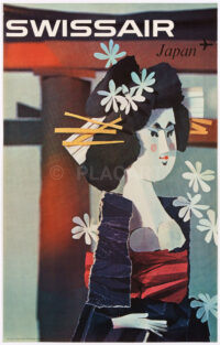 Original Vintage Aviation Poster Swissair Japan Geisha Schwabe 1961