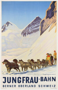 Swiss Original Poster Winter Cardinaux Jungfraubahn Jungfraujoch Huskies 1925