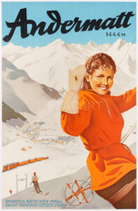 Plakat Original Schweiz Ski Winter Bindschedler Andermatt 1945