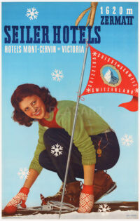 Originales Plakat Ski Winter Seiler Hotels Zermatt Matterhorn Kern Bosshard 1948