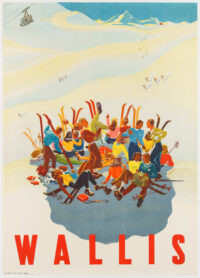 Originales Schweizer Plakat von Martin Peikert, welches 1942 das Wallis als DAS Ziel der Skifahrer bewarb